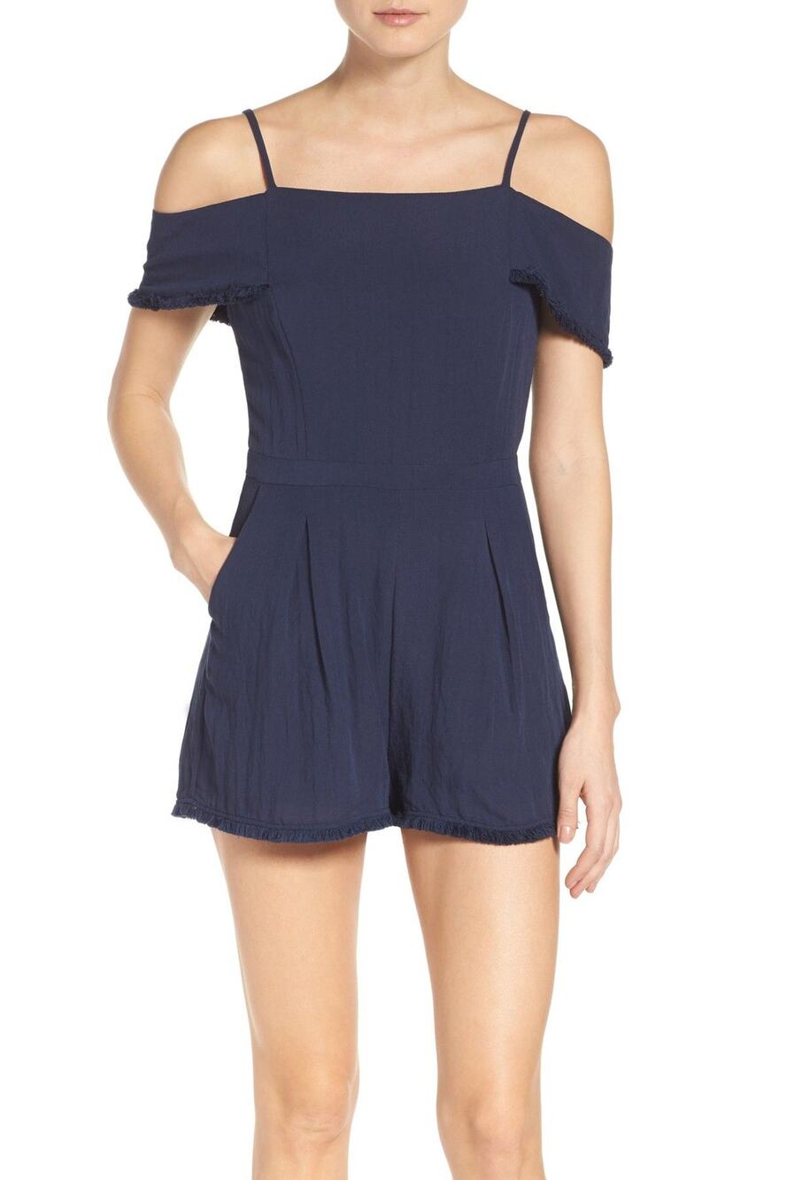 Anthropologie Greylin Cait Off-Shoulder Romper Navy Blue Women's Size S